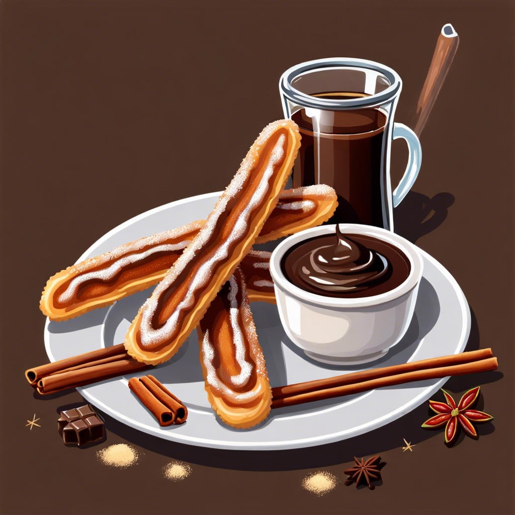 chocolate chip churros with spiced chocolate sauce